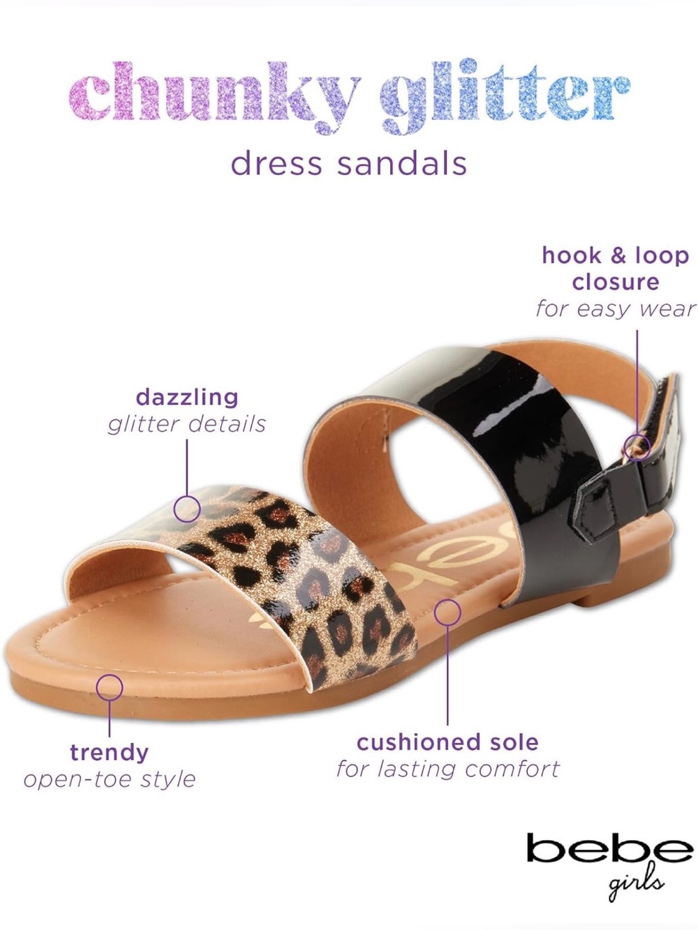 New! bebe glittery Leopard Black Girls Dress Sandals